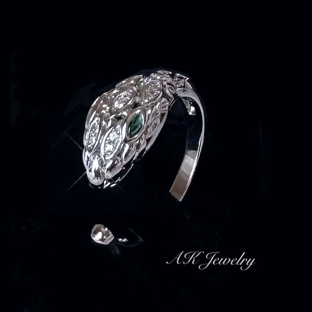 💎RING, Pave Snake, Serpent with Emerald Green Eyes Adjustable